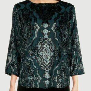 Tru Luxe Jeans Teal Knit Burnout Scoop Neck 3/4 Sleeve Top - S